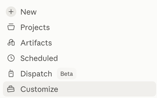 Claude sidebar with Customize highlighted