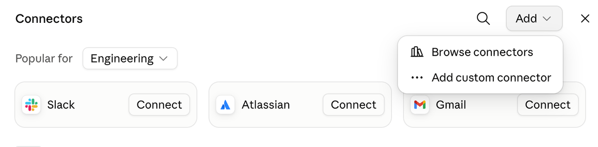 Add menu showing Add custom connector