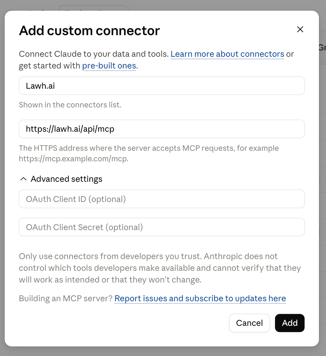Add custom connector dialog with the Lawh.ai URL filled in