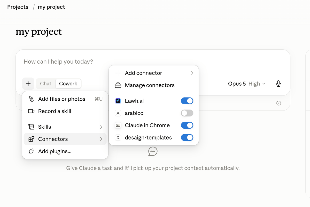 Connectors menu in a chat with Lawh.ai enabled