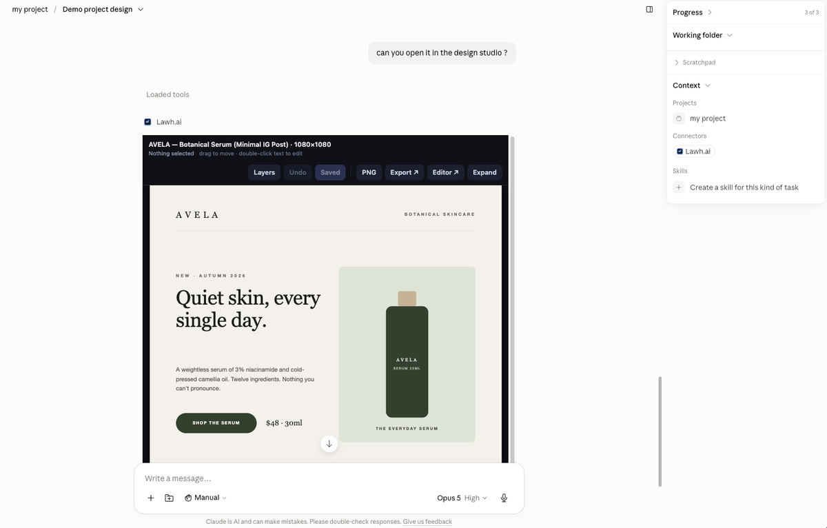 The Lawh design studio open inside a Claude conversation