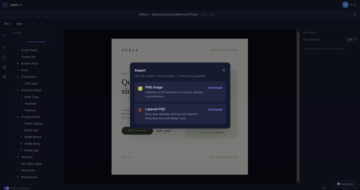 Lawh export dialog offering PNG and layered PSD