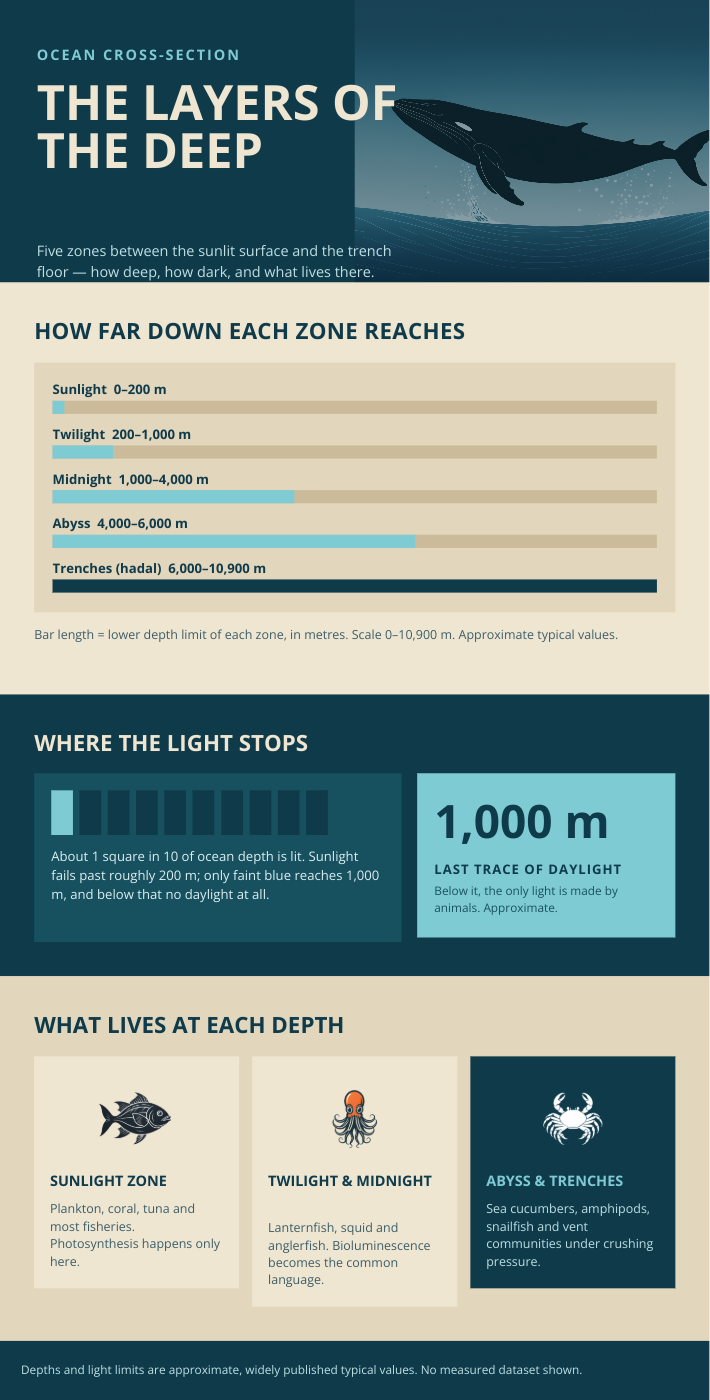 An infographic generated by Lawh.ai, showing the layers of the ocean